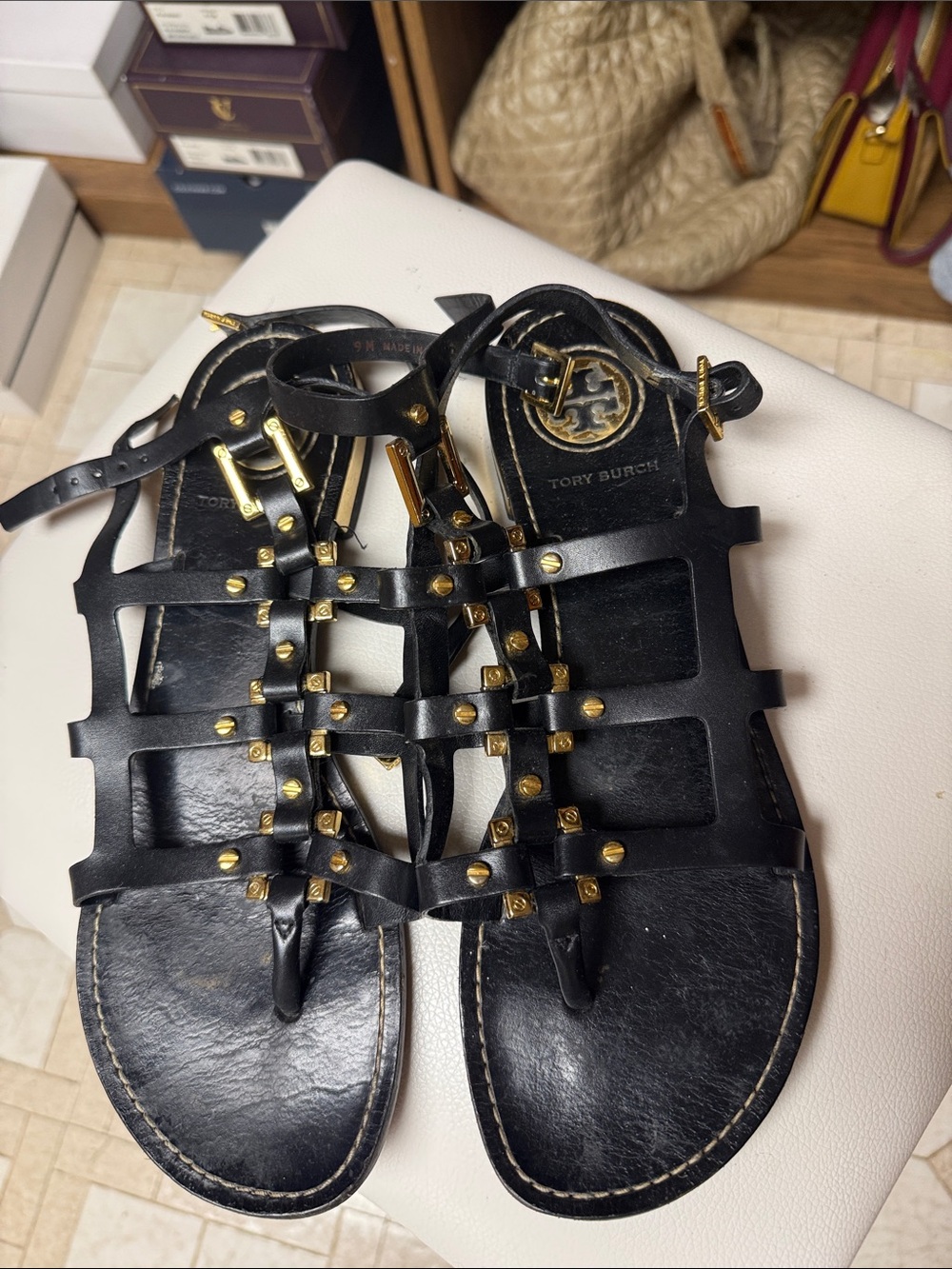 Tory Burch Black Leather Gladiator Sandals with Gold Studs